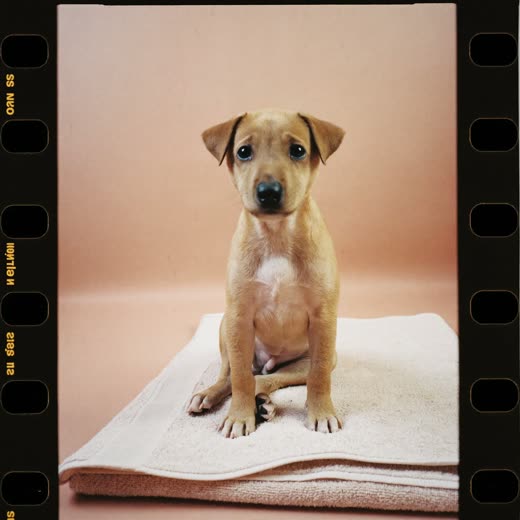 A puppy sitting on a folded towel against a plain pale backdrop